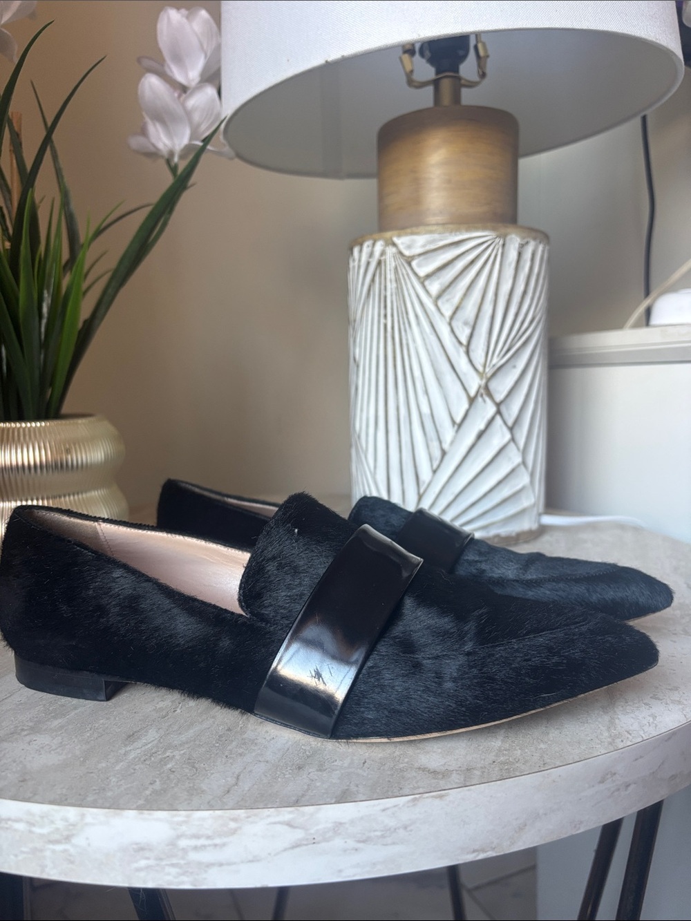 Club Monaco Black Pointed Faux-Fur Loafers with Glossy Strap